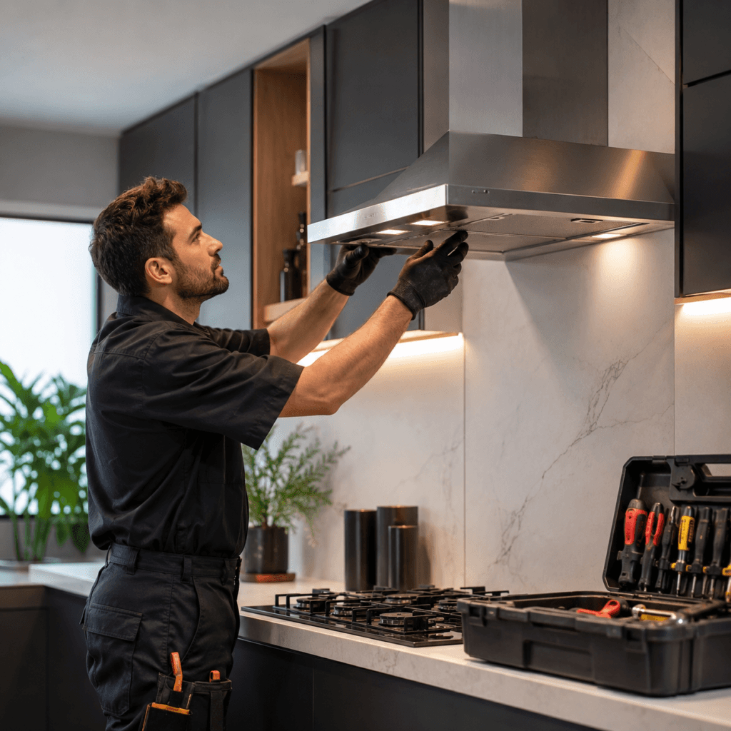 Técnico ajustando coifa na cozinha moderna